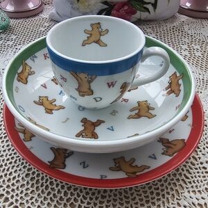Tiffany & Co.  "Alphabet Bears" 3 Piece Child Dish Set Plate Bowl Cup 2006 Japan